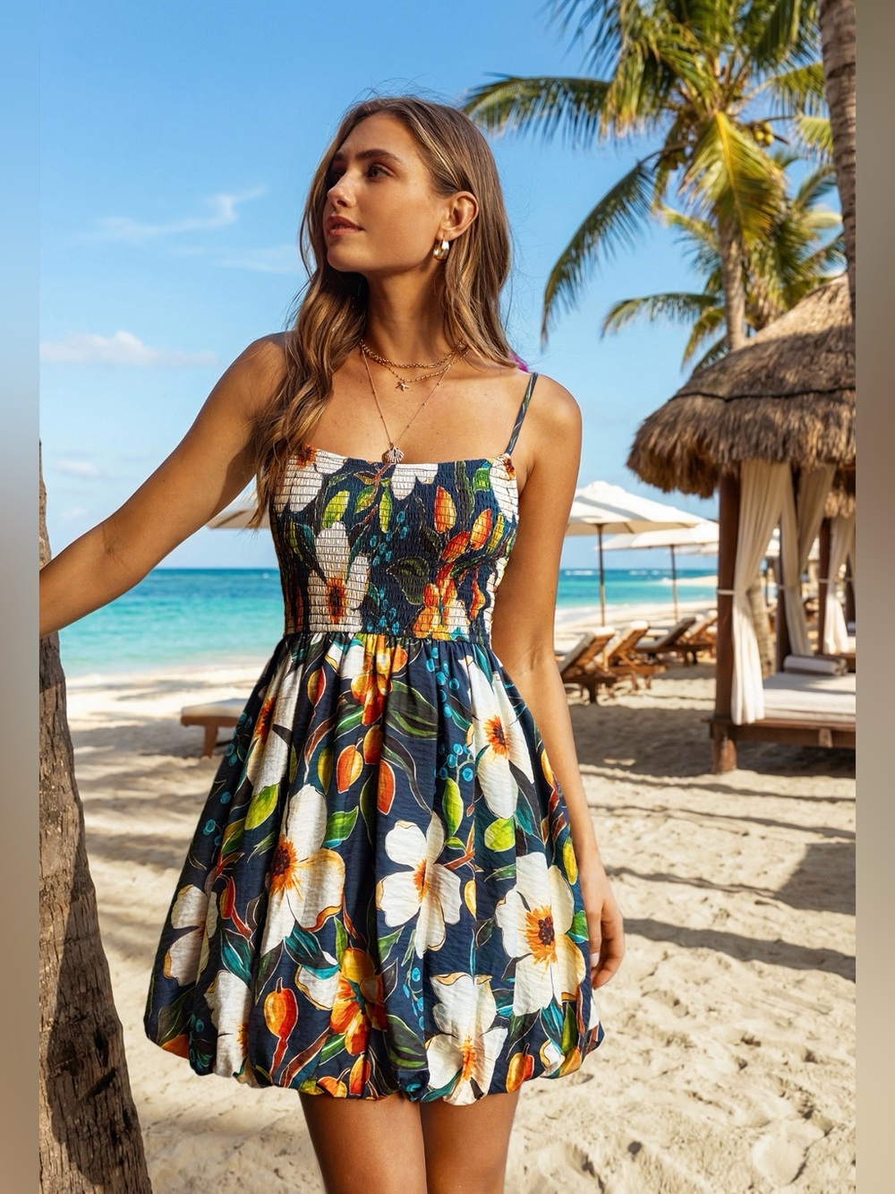 Spaghetti Strap Navy Tropical Floral Smocked Bust Bubble Hem Mini Dress